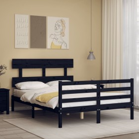 Double bed frame with black solid wood headboard by vidaXL, Beds and slatted bases - Ref: Foro24-3195070, Price: 155,99 €, Di...