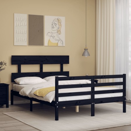 Double bed frame with black solid wood headboard by vidaXL, Beds and slatted bases - Ref: Foro24-3195070, Price: 155,70 €, Di...