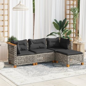 Gartensofa-Set, 4-teilig, mit grauen Kissen aus synthetischem Rattan von , Gartensets - Ref: Foro24-3261783, Preis: 327,93 €,...