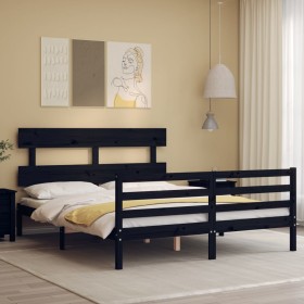 Double bed frame with black solid wood headboard by vidaXL, Beds and slatted bases - Ref: Foro24-3195100, Price: 147,99 €, Di...