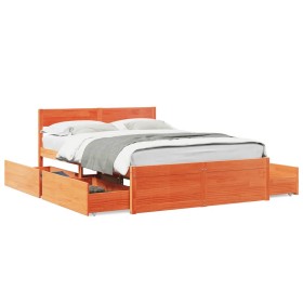 Bed frame with pine wood drawers, brown wax finish, 140x190 cm. by , Beds and slatted bases - Ref: Foro24-3282356, Price: 336...