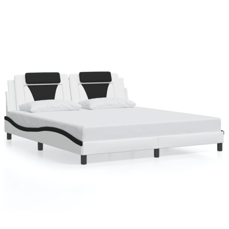 Estructura cama con luces LED cuero PE blanco negro 180x200 cm de , Camas y somieres - Ref: Foro24-3214042, Precio: 241,29 €,...