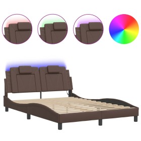 Estructura cama con luces LED cuero sintético marrón 140x190 cm de , Camas y somieres - Ref: Foro24-3214017, Precio: 197,99 €...