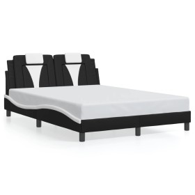 Bed frame with LED lights, black and white PE leather, 140x190 cm. by , Beds and slatted bases - Ref: Foro24-3214020, Price: ...