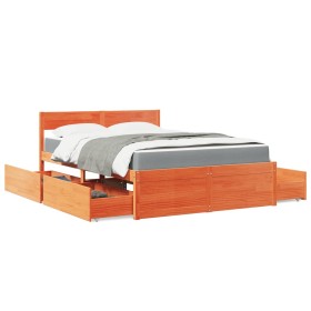 Bed with drawers and pine wood mattress, brown wax, 140x190 cm. by , Beds and slatted bases - Ref: Foro24-3281912, Price: 520...