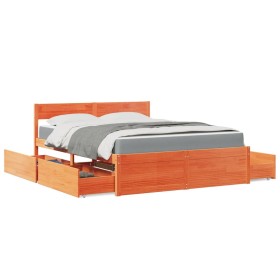 Bed with drawers and mattress solid wood brown pine 140x200 cm by , Beds and slatted bases - Ref: Foro24-3281900, Price: 543,...