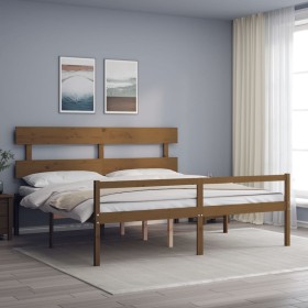 Double bed for seniors honey brown wooden headboard by vidaXL, Beds and slatted bases - Ref: Foro24-3195369, Price: 157,99 €,...