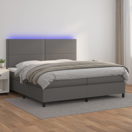 Box spring bed with gray synthetic leather mattress and LED lights 200x200 cm by , Beds and slatted bases - Ref: Foro24-31359...