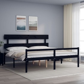 Double bed frame with black solid wood headboard by vidaXL, Beds and slatted bases - Ref: Foro24-3195370, Price: 157,99 €, Di...