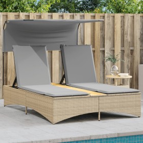 Double sun lounger with canopy and beige synthetic rattan mix cushions by , Loungers - Ref: Foro24-365623, Price: 369,17 €, D...