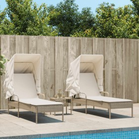 Sun loungers with canopy and table 2 units synthetic beige rattan by , Loungers - Ref: Foro24-3261573, Price: 428,99 €, Disco...