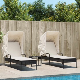 2 synthetic rattan sun loungers with canopy and table in black. by , Loungers - Ref: Foro24-3261569, Price: 414,51 €, Discoun...