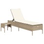 Sun lounger with cushion and synthetic beige rattan table by , Loungers - Ref: Foro24-4002732, Price: 170,99 €, Discount: %