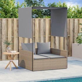 Double sun lounger with roof and beige synthetic rattan curtains by , Loungers - Ref: Foro24-4002758, Price: 225,86 €, Discou...