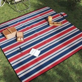 Folding velvet picnic blanket with red and blue striped pattern, 200x200 cm. by , Camping and hiking - Ref: Foro24-4004212, P...