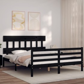 Double bed frame with black solid wood headboard by vidaXL, Beds and slatted bases - Ref: Foro24-3195165, Price: 151,99 €, Di...