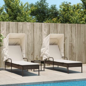 2 synthetic rattan sun loungers with canopy and table in brown color. by , Loungers - Ref: Foro24-3261570, Price: 426,99 €, D...