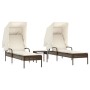 2 synthetic rattan sun loungers with canopy and table in brown color. by , Loungers - Ref: Foro24-3261570, Price: 427,43 €, D...