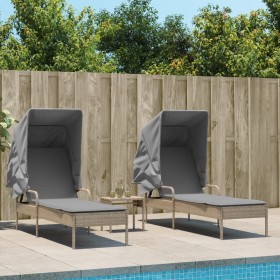 2 synthetic rattan sun loungers with canopy and table in beige color. by , Loungers - Ref: Foro24-3261572, Price: 426,99 €, D...