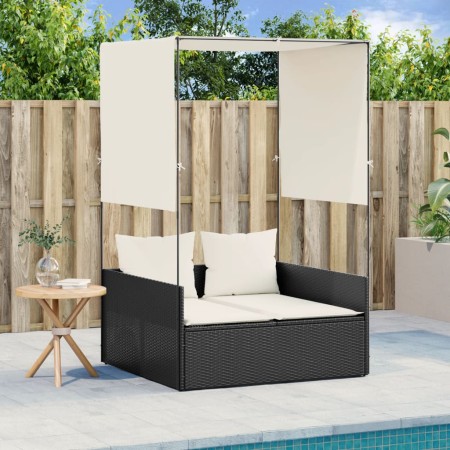 Double sun lounger with roof and black synthetic rattan curtains by , Loungers - Ref: Foro24-4002755, Price: 222,47 €, Discou...