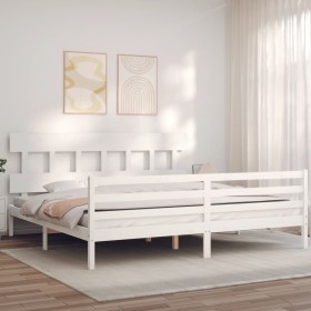 Double bed frame with white solid wood headboard by vidaXL, Beds and slatted bases - Ref: Foro24-3195172, Price: 149,01 €, Di...