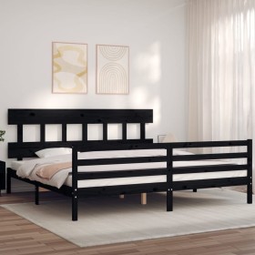 Double bed frame with black solid wood headboard by vidaXL, Beds and slatted bases - Ref: Foro24-3195175, Price: 158,99 €, Di...