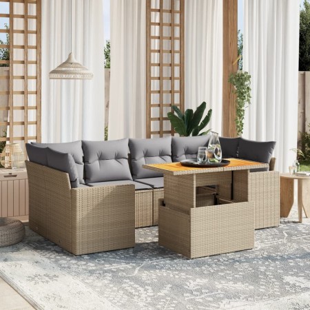 Gartensofagarnitur 7-teilig mit Kissen aus synthetischem Rattan in Beige. von , Gartensets - Ref: Foro24-3271213, Preis: 527,...