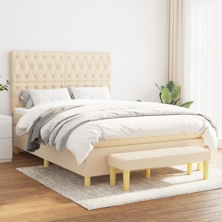 Cama box spring con colchón tela color crema 140x190 cm de , Camas y somieres - Ref: Foro24-3137394, Precio: 579,09 €, Descue...