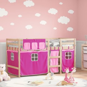 High bed for children with pink pine wood curtains 90x200 cm by , Beds and slatted bases - Ref: Foro24-3283819, Price: 171,40...