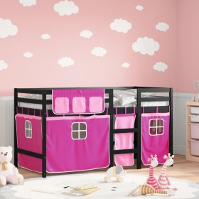 High bed for children with pink pine wood curtains 90x200 cm by , Beds and slatted bases - Ref: Foro24-3283825, Price: 184,71...