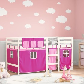 High bed for children with pink pine wood curtains 90x190 cm by , Beds and slatted bases - Ref: Foro24-3283831, Price: 179,99...