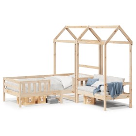 Solid pine wood bed set and bench with roof 90x200 cm by , Beds and slatted bases - Ref: Foro24-3282174, Price: 315,83 €, Dis...