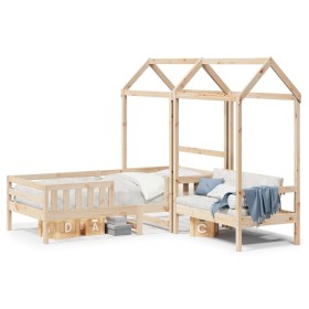 Solid pine wood bed set and bench with roof, 75x190 cm. by , Beds and slatted bases - Ref: Foro24-3282183, Price: 279,41 €, D...