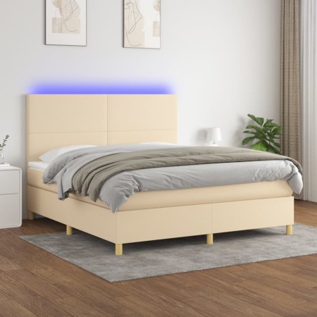 Boxspringbett mit Matratze und LED-Lichtern, cremefarbenem Stoff, 180x200 cm. von , Betten und Lattenroste - Ref: Foro24-3135...