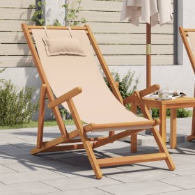 Folding beach chair made of solid eucalyptus wood and beige fabric by , Garden chairs - Ref: Foro24-366560, Price: 67,92 €, D...