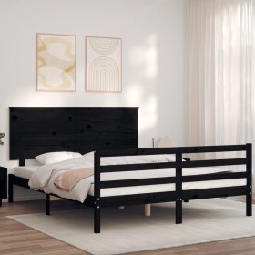 Double bed frame with black solid wood headboard by vidaXL, Beds and slatted bases - Ref: Foro24-3195230, Price: 177,99 €, Di...