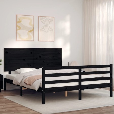 Estructura cama de matrimonio con cabecero madera maciza negro de vidaXL, Camas y somieres - Ref: Foro24-3195230, Precio: 177...