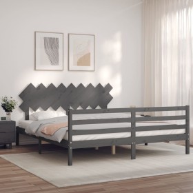 Double bed frame with gray solid wood headboard by vidaXL, Beds and slatted bases - Ref: Foro24-3195303, Price: 176,99 €, Dis...