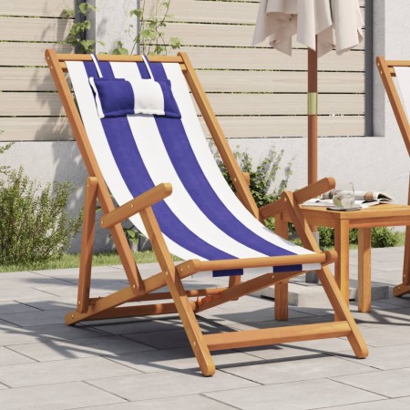 Folding beach chair made of solid eucalyptus wood and blue and white fabric. by , Garden chairs - Ref: Foro24-366563, Price: ...