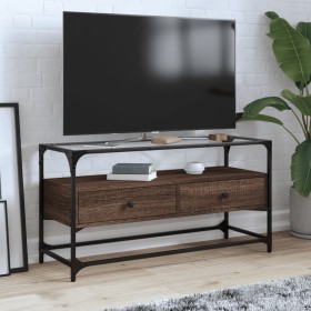 Mueble TV cristal y madera ingeniería marrón roble 98x35x51 cm de , Muebles TV - Ref: Foro24-846068, Precio: 94,99 €, Descuen...