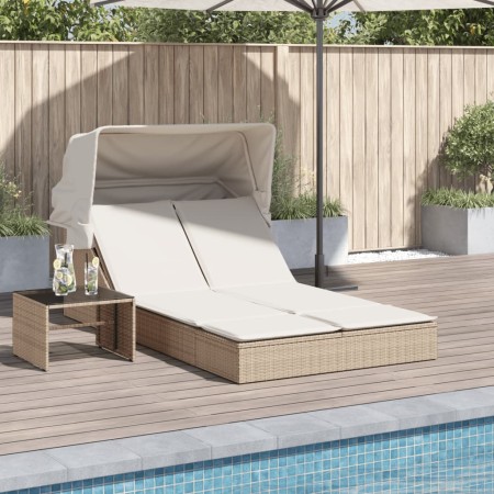 Double sun lounger with canopy and beige synthetic rattan cushions by , Loungers - Ref: Foro24-368641, Price: 272,24 €, Disco...