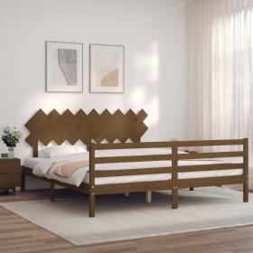 Honey brown solid wood bed frame with headboard by vidaXL, Beds and slatted bases - Ref: Foro24-3195304, Price: 176,15 €, Dis...