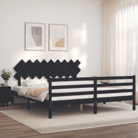 Double bed frame with black solid wood headboard by vidaXL, Beds and slatted bases - Ref: Foro24-3195305, Price: 161,85 €, Di...