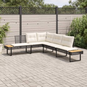 L-shaped garden sofa with black PE rattan and acacia cushions by , Outdoor sofas - Ref: Foro24-365634, Price: 338,99 €, Disco...