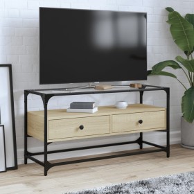 Mueble TV cristal y madera ingeniería roble Sonoma 98x35x51 cm de , Muebles TV - Ref: Foro24-846065, Precio: 91,99 €, Descuen...