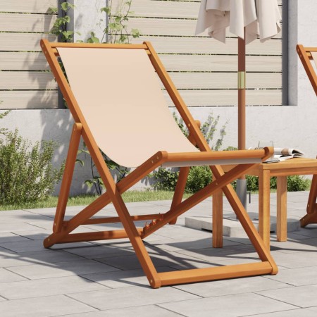 Folding beach chair made of solid eucalyptus wood and beige fabric by , Garden chairs - Ref: Foro24-366564, Price: 64,37 €, D...