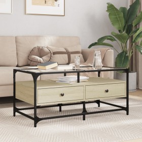 Glass top coffee table with steel Sonoma oak 98.5x50x45 cm by , Coffee table - Ref: Foro24-846045, Price: 110,46 €, Discount: %