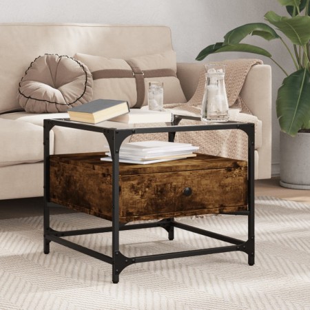 Glass top coffee table with smoked oak and steel, 50x50x45 cm. by , Coffee table - Ref: Foro24-846051, Price: 71,66 €, Discou...