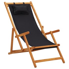 Folding beach chair solid eucalyptus wood and black fabric by vidaXL, Garden chairs - Ref: Foro24-310313, Price: 66,99 €, Dis...