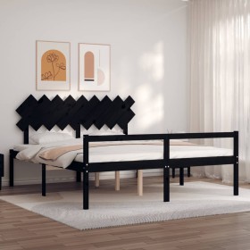 Double bed frame with black solid wood headboard by vidaXL, Beds and slatted bases - Ref: Foro24-3195565, Price: 164,22 €, Di...